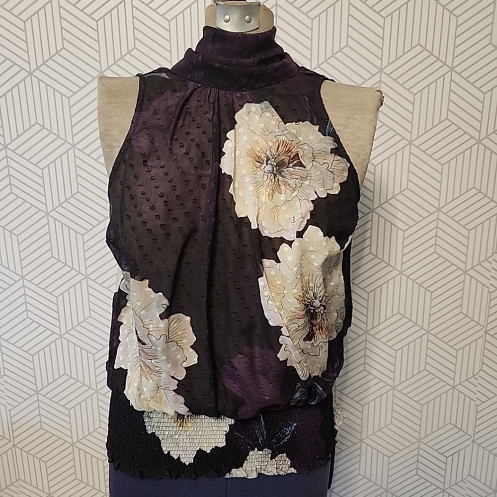 Tracy Reese Floral Sleeveless Blouse With Tie Neck Deep Purple Women's Small
